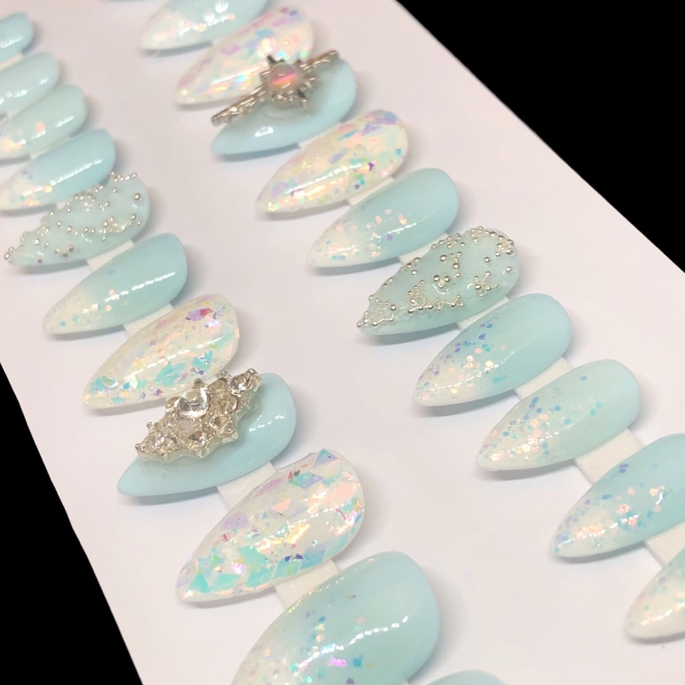 *SOLD* Handmade Custom Press On Nails Short Almond Shape Baby Blue French Tip - Picture 8 of 10